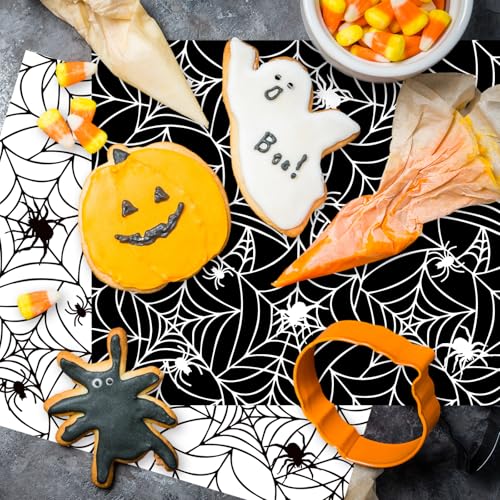 Halloween Wax Paper Wraps - Black & White Spider Web Design, 100 Pack, 9.8x8.3 inches, Waterproof & Oil-Proof Food Liners, Party Decor