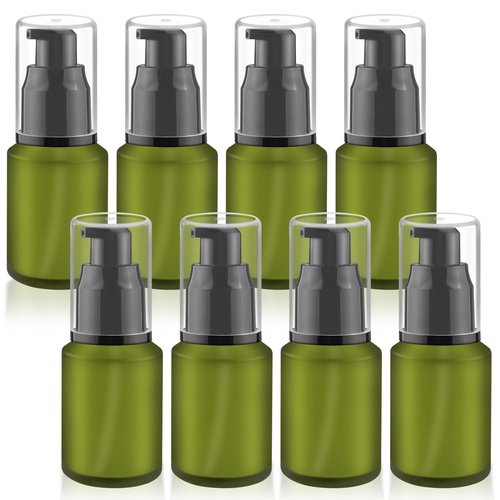 8 Pcs 30ml/1oz Frosted Glass Bottles Empty Pump Dispenser Jar Travel Lotion Vials with Plastic Pump Head for Toiletry Liquid Foundation Cream Cosmetic Samples - Green