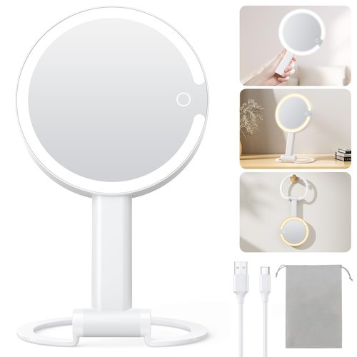 Gospire Magnifying Travel Makeup Mirror with Light 10X 1X Magnifition 2-Sided Lighted Vanity Mirror Rechargeable 3 in 1 Hand Held Desk Hanging, 3 Color Dimmable Lights, White
