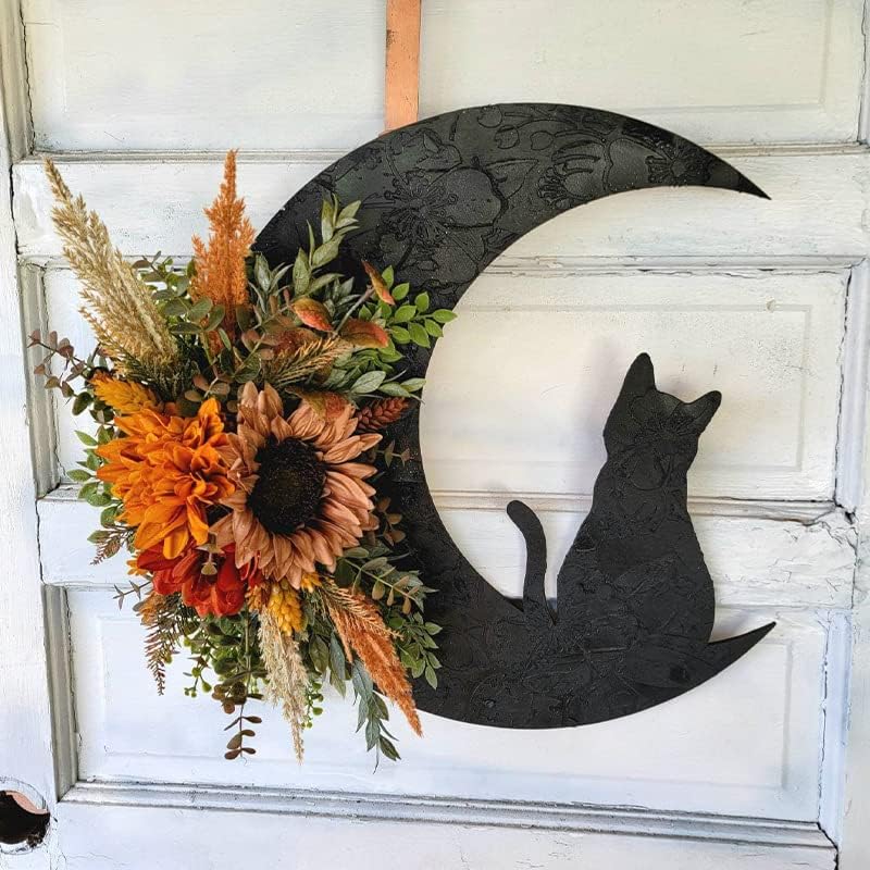 Halloween Wreath with Cat Moon and Sunflower - Fall Door Hanger Decor