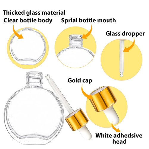 AGENIZ Clear Dropper Bottles 2 OZ 6 Pcs Transparent Round Flat Glass Bottles with Eye Dropper, for Perfume Serums Hair Oils and other liquids (Clear-Gold Lids, 2 OZ)