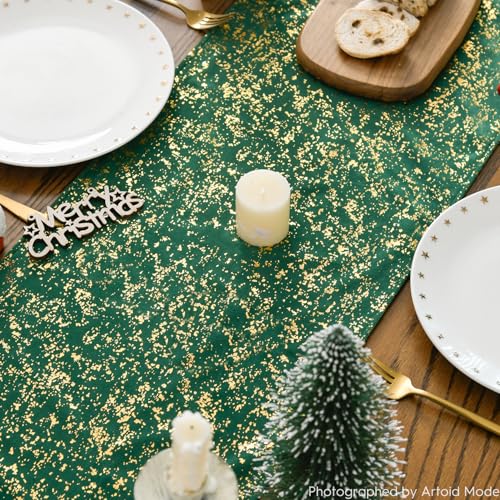 Dark Green Dutch Fleece Table Runner with Glitter Metallic Foil 13x48 Inch – Holiday Kitchen Decor
