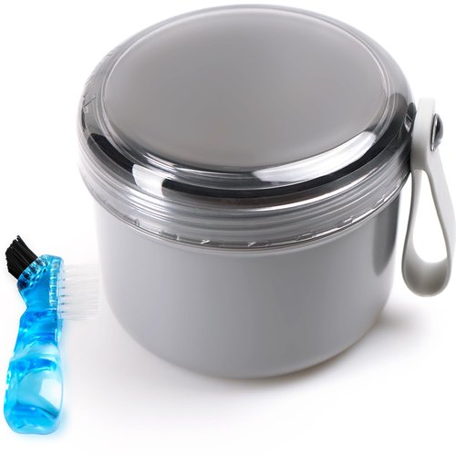 Mckkor Leak Proof Travel Denture Bath Case for Full Dentures, Denture Cups for Soaking Dentures, Denture Container Cups with Brush for Dentures, Aligner, Retainers, Mouth Guard (Gray)