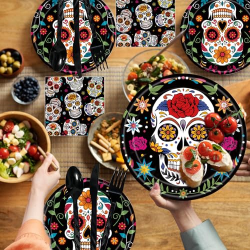 Black Dia de los Muertos Party Supplies Set - Skull Decorations for Mexican Fiesta, Halloween & Birthday