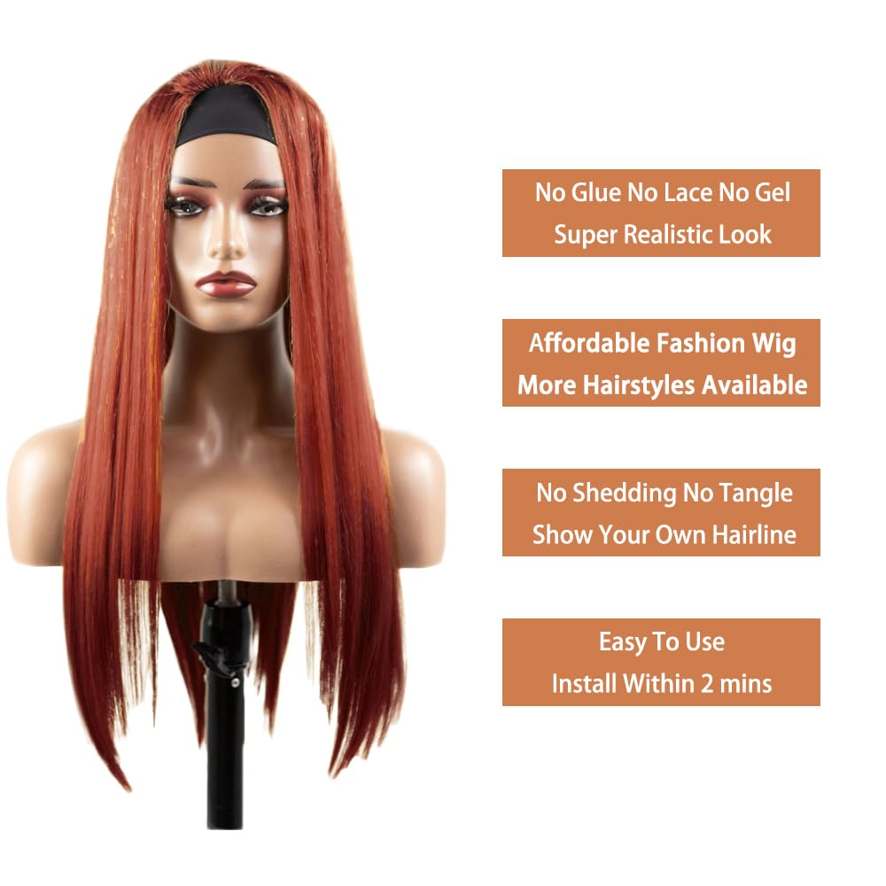 YiweYowe 22 Inch #33 Reddish Brown Headband Wig Human Hair 150% Density Grade 8A Unprocessed Brazilian Virgin Hairs Machine Made Auburn Brown Straight Headband Wig Human Hair None Lace Front Wig
