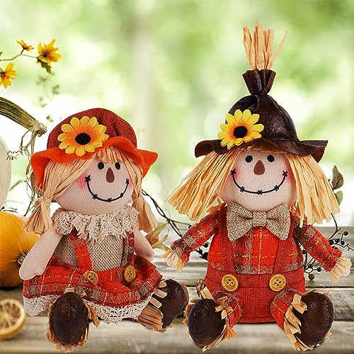 Thanksgiving Fall Tabletop Decorations - 2 Pack Handmade Scarecrows, Harvest Figurines