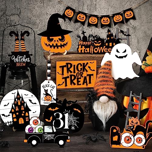 Halloween Wooden Tiered Tray Decor Set with Plush Gnome - 18 Pieces