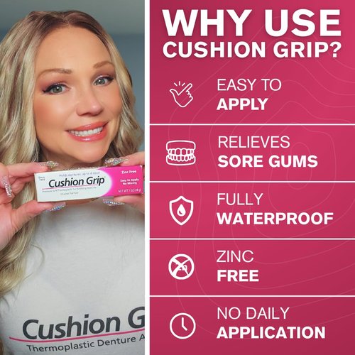 Cushion Grip Thermoplastic Denture Adhesive 1oz (5-Pack)–Extra Strong Hold Up to 4 Days, Unmatched Strength, Waterproof & Zinc Free, Relieves Sore Gums, Comfortable Refit, Long Lasting Denture Refit