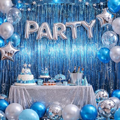 Voircoloria Retro Blue Foil Fringe Curtain Set - 3 Pieces, 3.3x6.6ft