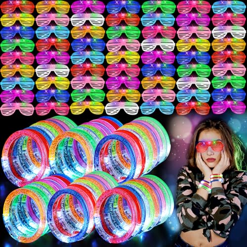 LED Glasses and Bracelets Party Supplies - 120 Pcs Neon Glow in the Dark Set - Kid & Adult Rave Birthday Halloween Wedding