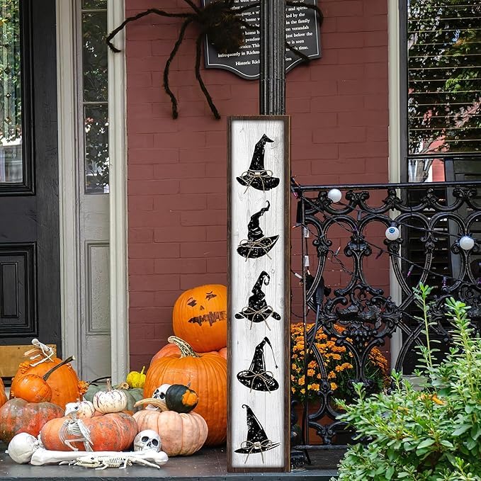 Halloween Welcome Sign for Front Door Standing - Witch Hat Wooden Porch Decor - Black & White