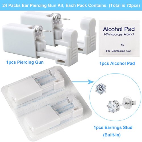 Ear Piercing Gun Kit - Judero 72Pcs Disposable Ear Piercing Kit Including 24Pcs Self Ear Piercing Gun with 24Pcs Built-in Earrings Stud and 24Pcs Clean Tools for Ear Cartilage Piercing Kit