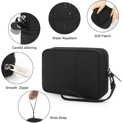 JINSI Small Zipper Puffer Makeup Bag for Wristlet Wallets, Quilted Nylon Cosmetic Pouch Organizer Toiletry Bag for Travel, Cute Make Up Bags Purse for Women Girl, Black