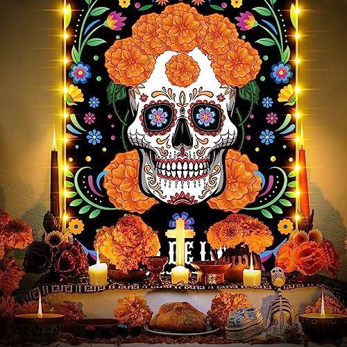 Preboun Day of the Dead Door Banner Set with LED Lights - Sugar Skull & Marigold Decor