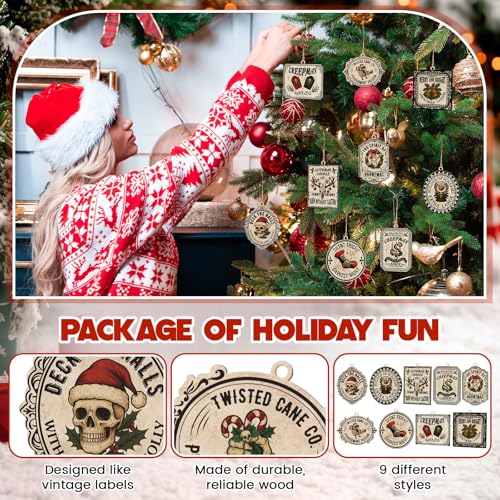 Halloween Gothic Skeleton Christmas Ornaments - 36 Dark Wooden Spooky Decor Pieces