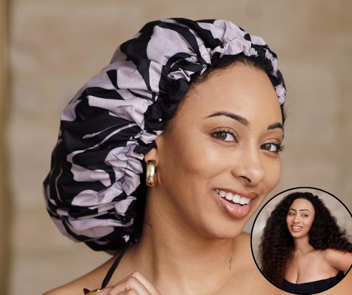 Glow by Daye Satin Lined Shower Cap, Adjustable and Waterproof with Satin Interior for Hair Protection, Large (Ebony and Ivory)