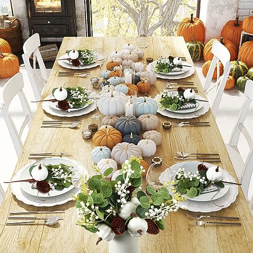 Fall Artificial Pumpkin Picks with Eucalyptus Pinecones & Berries - 16 Pack, 9 Inch Holiday Flower Decorations
