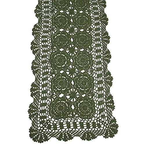 Cotton Crochet Lace Table Runner - Olive Green 14x60 Inch Home Decor