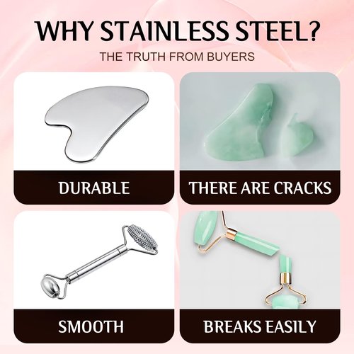 erdnretl Gua Sha & Face Roller, Stainless Steel Gua Sha Facial Tools for Face, Eyes,Chin & Jawline Sculpting,Body Gua Sha Tools with Pouch
