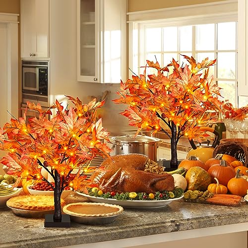 2-Pack 1.5ft Lighted Fall Maple Trees with 36 LEDs & Acorns - Battery Operated Tabletop Decor