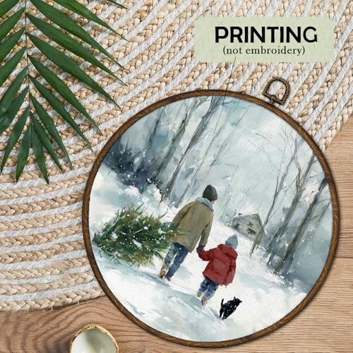 Winter Farmhouse Snow Scene Wall Art Decor - 10x10 Inch Round Canvas Frame - Kid Variation