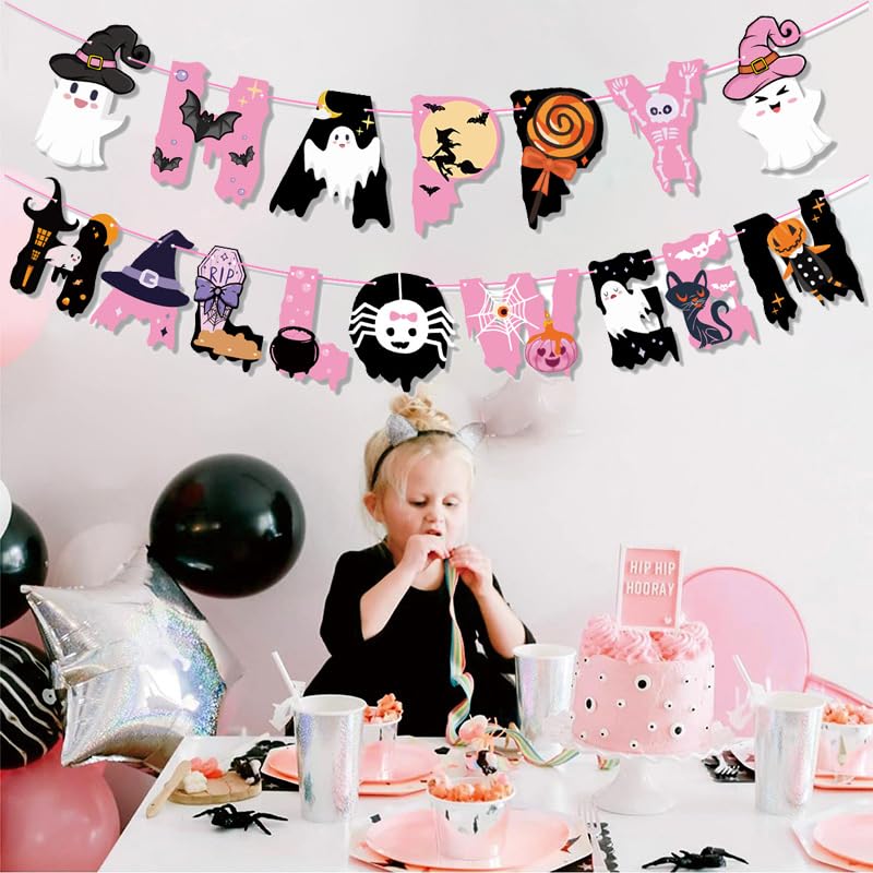 Pink Halloween Banner Set for Party Decorations - Ghost, Pumpkin, Bat, Witch Themes