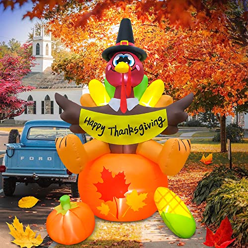 6FT Thanksgiving Inflatable Turkey Sat on Pumpkin with LED Lights - Outdoor Yard Decorations