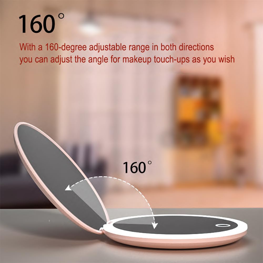 Yousonew LED Mini Makeup Mirror, 1X/2X Magnification, Mini Compact with Light, Pink/White (Pink, 3.5)