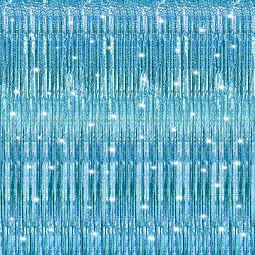 Crosize 4 Pack Laser Blue Fringe Curtain Backdrop - 3.3 x 9.9 ft Party Decor