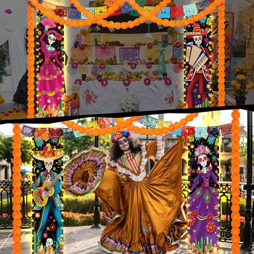 Day of the Dead Decorations Set with LED Banners & Marigolds - Halloween Festival Decor