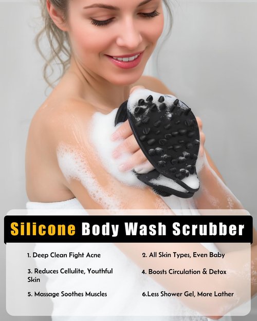 2 in 1 Silicone Body Scrubber, Anti Cellulite Massage Scrubber, Exfoliating Shower Brush for Men & Women, Removes Dead Skin, Reduces Cellulite, Improves Circulation, Non Slip (2PC, Black + Pink)