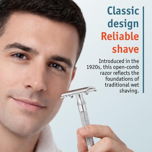MERKUR 25C Double Edge Safety Razor - Bright Chrome Open Comb Design, Long Handle, Plastic-Free