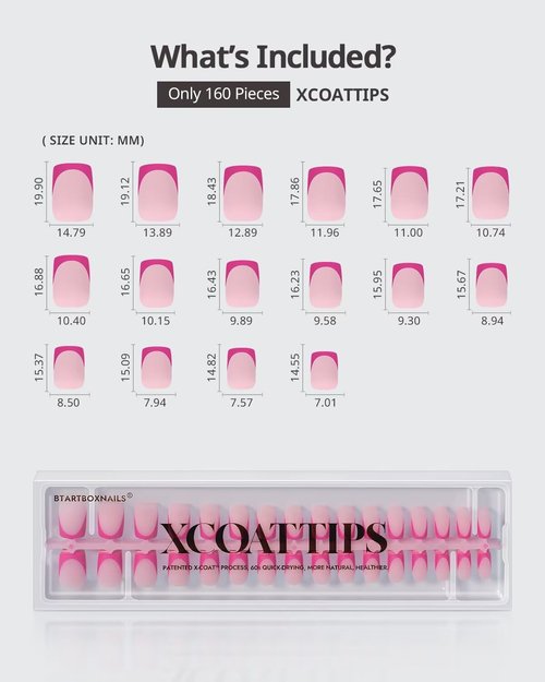 BTArtboxnails French Tip Press On Nails - Pink Short Square Valentines Press On Nails, Soft Gel Nail Tips, 160Pcs Soak Off Acrylic Fake Nail Extension in 16 Sizes