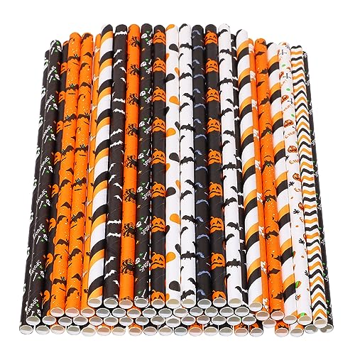 Halloween Paper Straws Penta Angel 50Pcs Pumpkin Bat Spider Skull Pattern - Halloween Party Favor