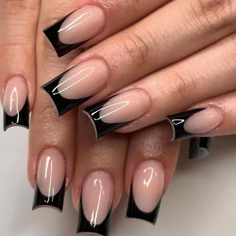 Black French Tip Press On Nails - Medium Square Fake Nails for Manicure - 24Pcs