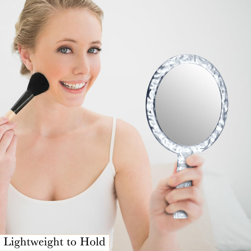 YEAKE Hand Mirror,Double-Sided Handheld 1X/5X Magnifying Mirror with Handle, Handle Makeup Mirror,Acrylic, 6.1" W x 10" L, Rounded Shape, Clear 1 PC