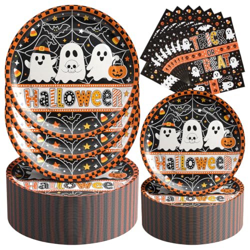 Halloween Paper Plates and Napkins Set - Black White Ghost, 9-inch & 7-inch, Round, Heavy Duty, Spooky Gothic Party Supplies, Variation: Black White Ghost / Round / 9inch 7inch