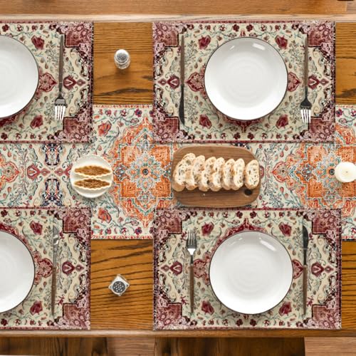 12x18 Inch Red Beige Boho Placemats Set of 4 - Rustic Farmhouse Table Decor