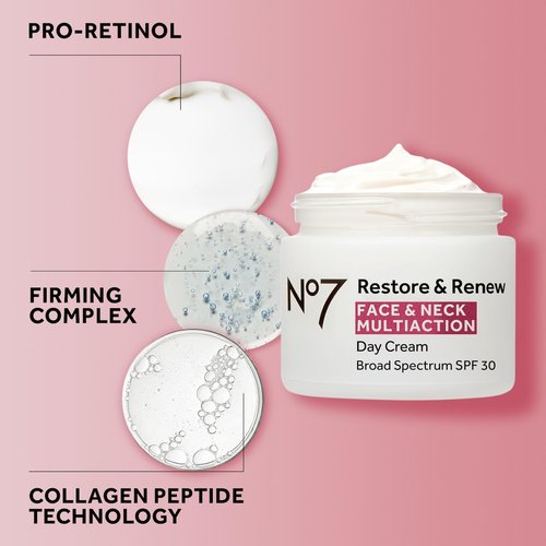 No7 Restore & Renew Multi Action Face & Neck Cream - Anti-Aging Moisturizer with SPF 30 - Hydrates & Firms Crepey Skin - Infused with Hyaluronic Acid, Peptides & Ceramides (1.69 Oz)