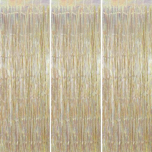 Glitter Champagne Gold Foil Fringe Backdrop Curtains - 3 Pack, Party Decorations