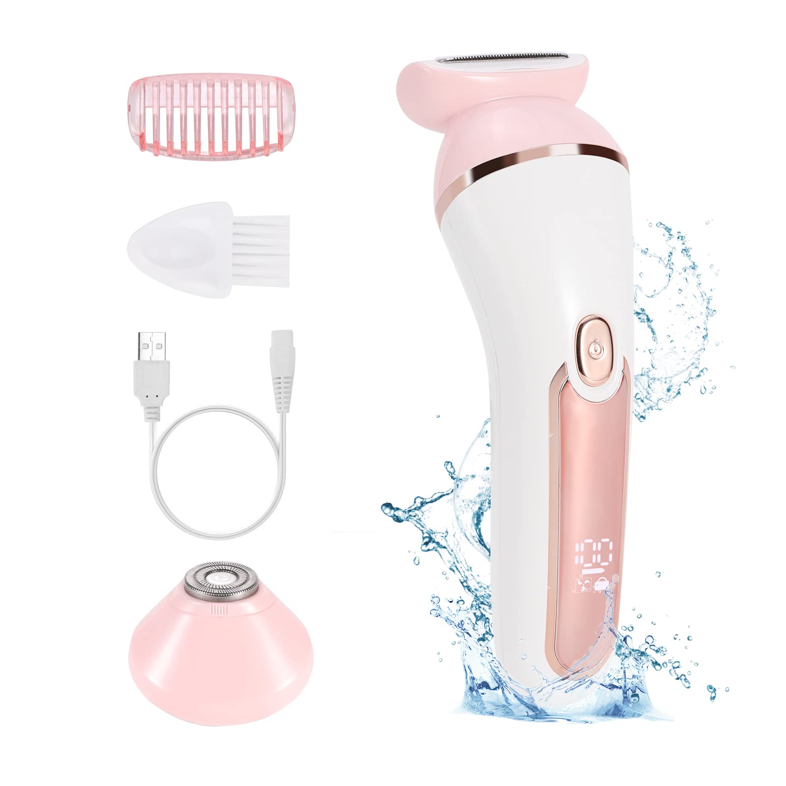 YHC Electric Razor for Women – 2-in-1 Waterproof Cordless Shaver for Legs, Underarms, Face & Bikini, Hypoallergenic Blades, Wet & Dry Use, USB Rechargeable (Pink).