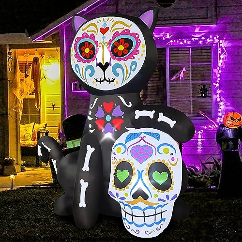 Halloween Inflatable Black Cat Skeleton Yard Decor - Spooky Garden Display