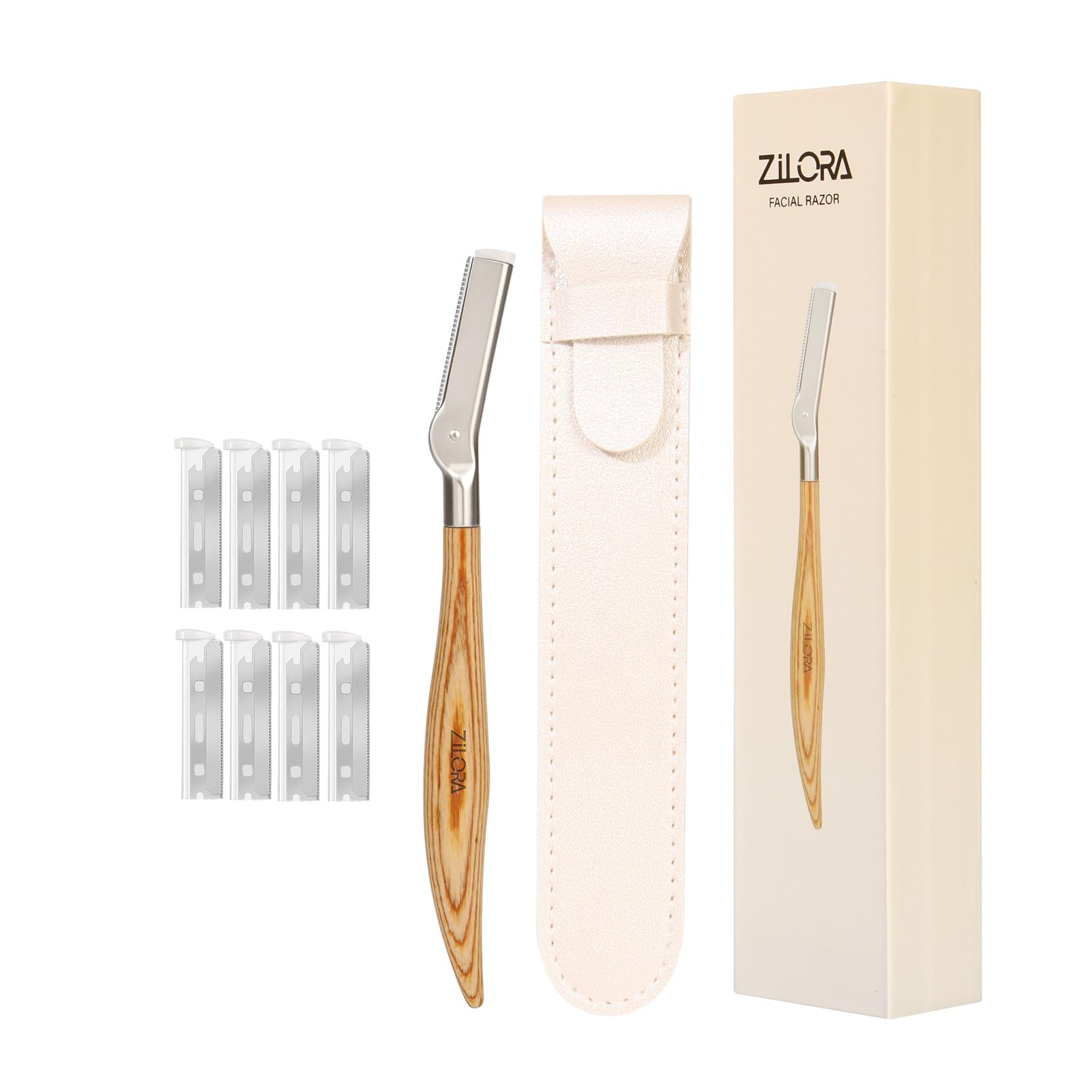 ZiLORA EyeBrow Razor with Safety Mesh Guard – Wooden Handle Eyebrow Trimmer for Women & Men, Includes 8 Replacement Blades & Leather Pouch for Peach Fuzz, Lip Hair & Brow Shaping