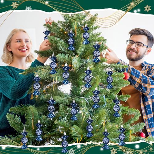 Dark Blue Glitter Candy Cane Christmas Ornaments Set - 12 Pcs Holiday Decor