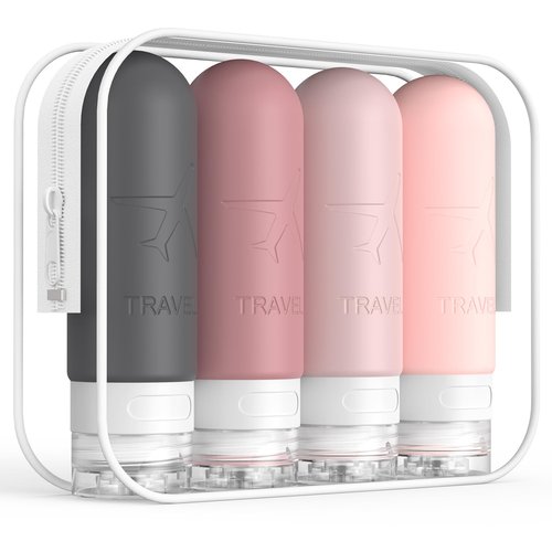 ME.FAN Travel Bottles for Toiletries, TSA Approved 3oz Travel Size Containers, Silicone Squeezable Portable Split Bottle, Travel Accessories for Conditioner, Shampoo, Lotion- 4 Pack Pink