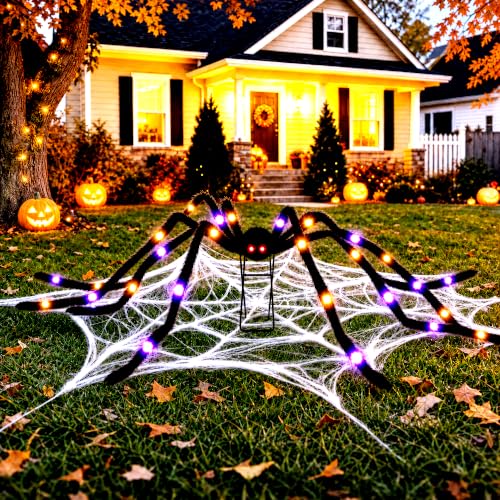 1 Pack 8 Modes Light-Up Halloween Giant Spider - 5 Ft with Purple & Orange Lights, Outdoor Yard Decor
