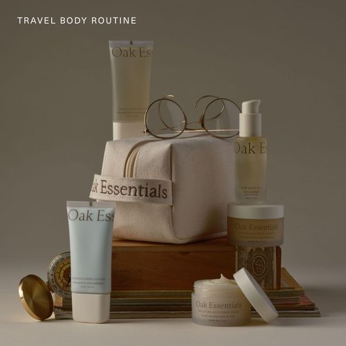 Oak Essentials Travel Body Routine - TSA-Friendly Mini Body Care Set with Wash, Scrub, Lotion & Balm