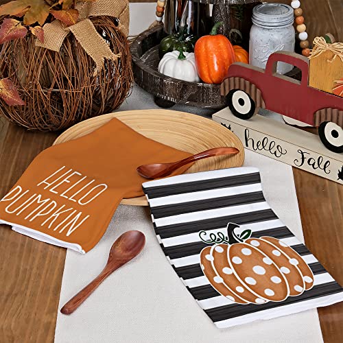 Fall Kitchen Towels Set of 2 - Orange Polka Dot Pumpkin Decor - Rustic Variation