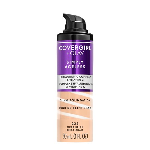 COVERGIRL & Olay Simply Ageless 3-in-1 Liquid Foundation, Matte Finish, Hyaluronic & Vitamin C Formula, 232 Nude Beige, 2 Count