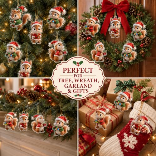 Squirrel Christmas Hanging Ornaments 9pcs Cartoon Acrylic Holiday Decorations - Variation Squirrel-A-1227